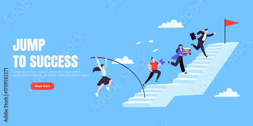 Success career ladder steps path challenge with business goal achievement flag objective on top of it business concept flat vector illustration. Office person running onto success career steps.