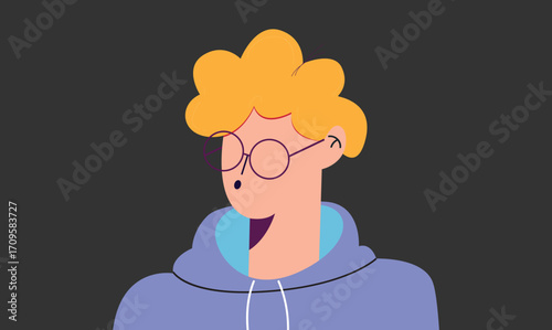 illustration of a boy character with glasses and golden hair, showcasing a cheerful and friendly appearance