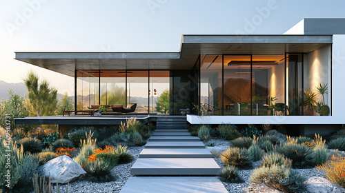 Modern minimalist house with large glass windows, situated on a landscaped hilltop, 