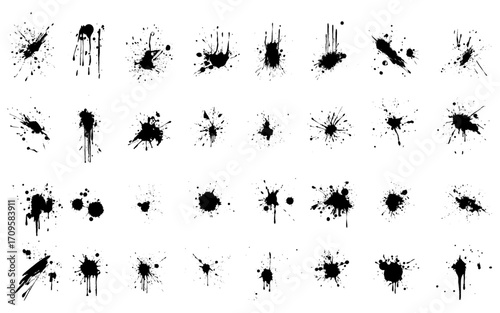 Big collection of black round ink splashes. Blobs and spatters. Design element. Isolated vector illustration