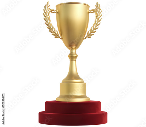 gold cup isolated on white background, gold cup with laurel wreath.  Golden trophy displayed on a velvet podium under dramatic spotlight, symbolizing achievement and excellence. gold trophy cup. gold 
