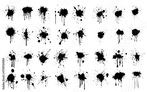 Ink splashes and drops. Grunge ink splatter, liquid drip splash, black blots and splashes. Artistic ink spots  illustration set