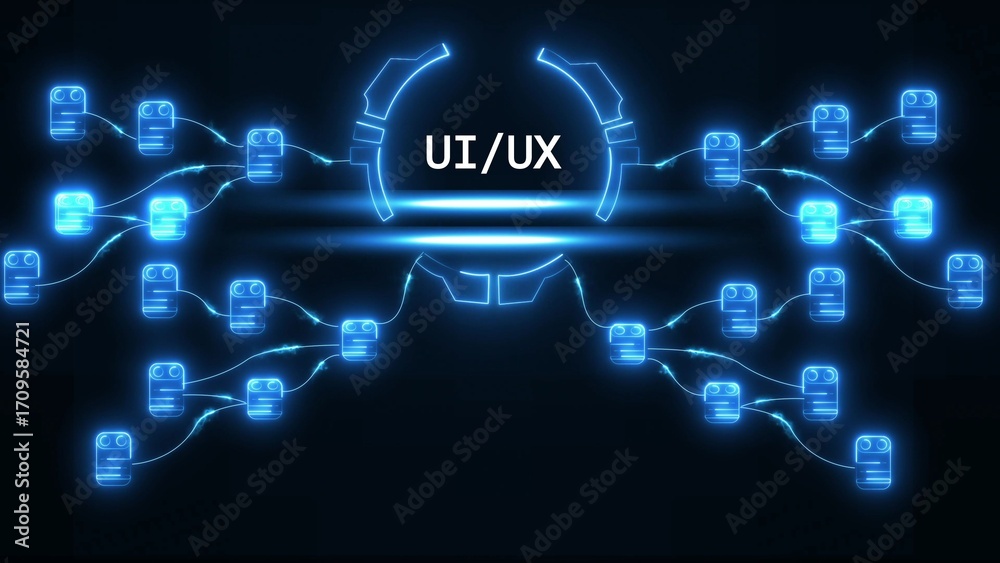 Fototapeta premium Glowing blue U I U X interface diagram with connected nodes on dark background UI UX user interface