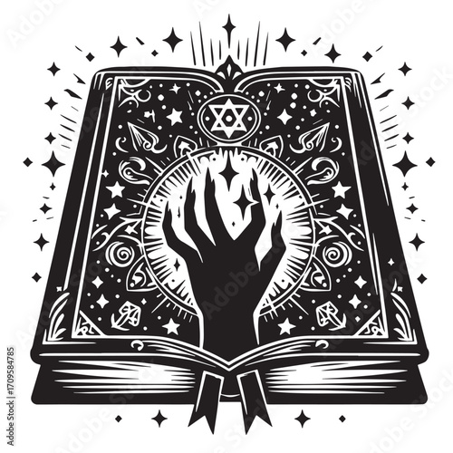 Black Magic Spell Book Silhouette Vector Illustration design, Solid White Background