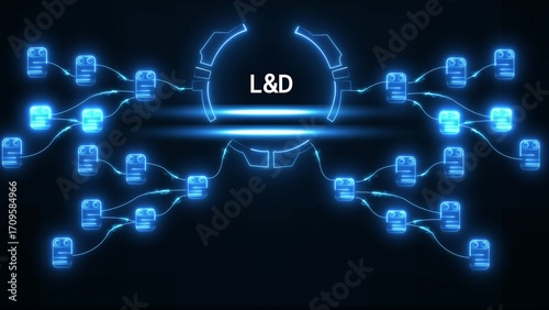 Neon blue L& D text in circular digital network with connected nodes learning and development technology