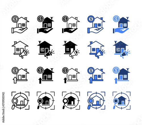 Mortgage, Promotion, Expensive, Inspection, multiple style icon set.