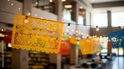 General Nature & Environment Colorful Papel Picado Banners Swaying in the Breeze Indoors
