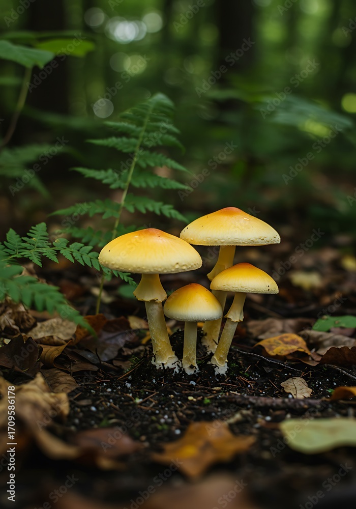 Fototapeta premium Golden Yellow Mushrooms in Forest Floor