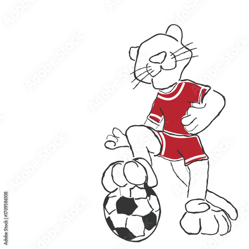 Hand drawn line art vector of tiger mascots with football. Simple minimal style soccer player illustrations perfect for posters, prints, stickers, team logos, sports designs, and creative projects