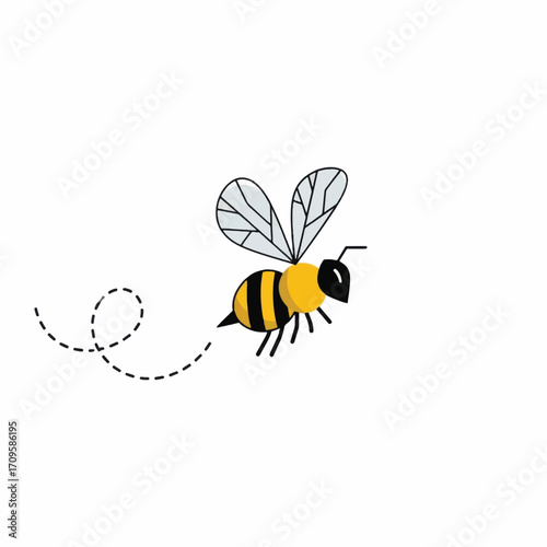 Cute cartoon bee flying with a whimsical dotted line trail.