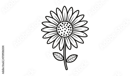 Simple hand drawn black and white outline of a sunflower with leaves