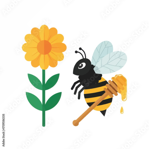 Cute cartoon bee holding a honey dipper next to a yellow flower.