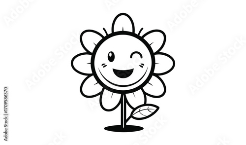 Cute cartoon flower character winking and smiling with a happy face