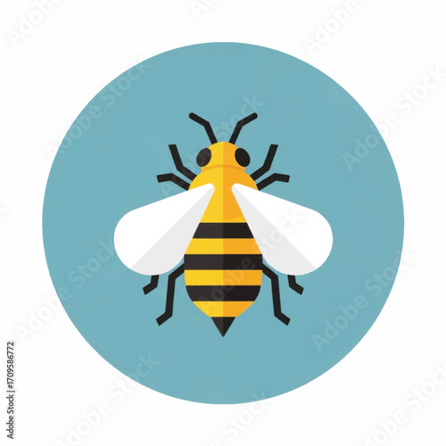 Cartoon illustration of a bee with yellow and black stripes and wings.