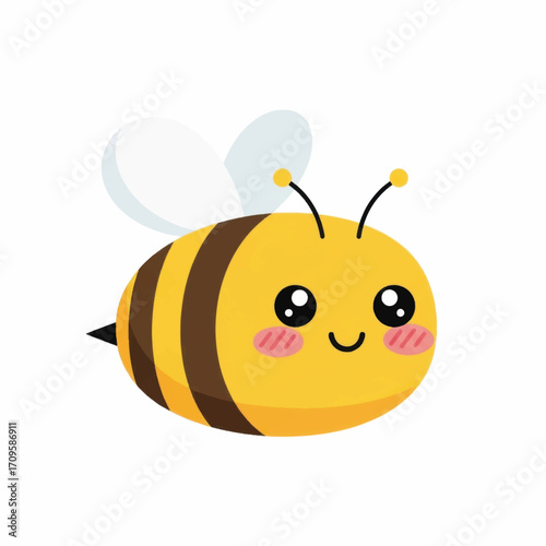 Cute kawaii bee character flying happily on a white background.