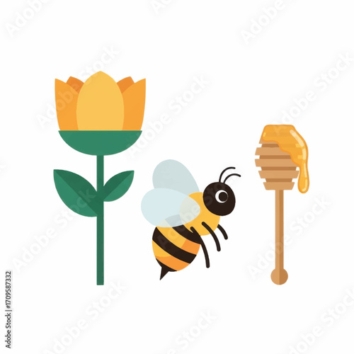 Honeybee Flower and Honey Dipper Illustration.