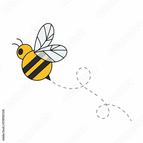 Cute cartoon honey bee flying with a dotted line trail.