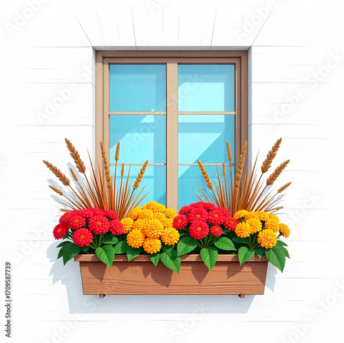 Autumn, summer window with flowers and ferns