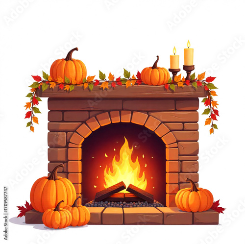Autumn Pumpkin, leaves, candles and fireplace