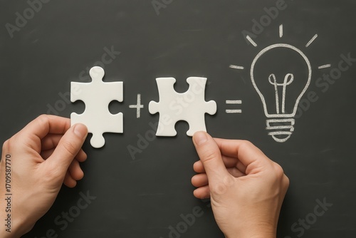 Puzzle pieces coming together to form a bright idea lightbulb
