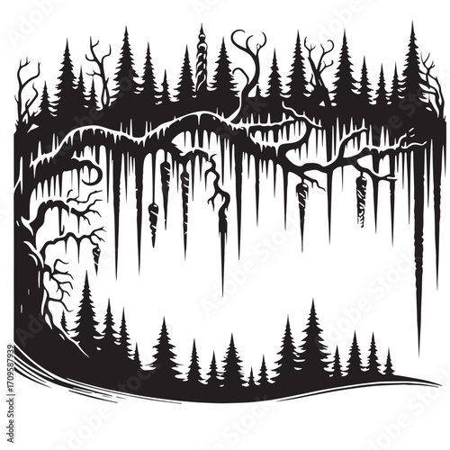 Black Icicle Border Silhouette Vector Illustration design, Solid White Background