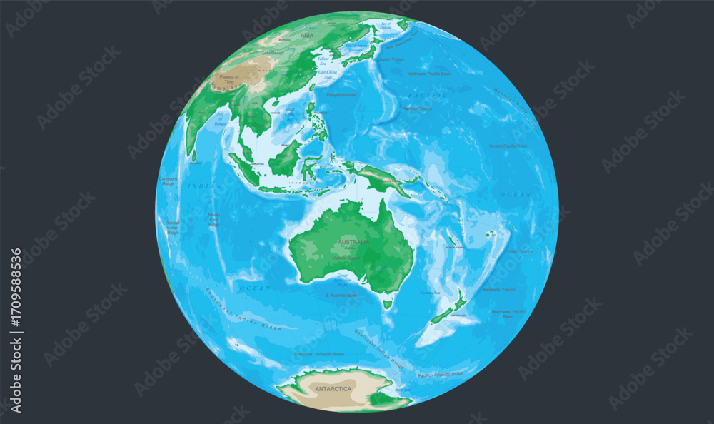 Obraz premium Flat design illustration of Australia on a globe, showing its position on the world map and symbolizing geography, travel, and global awareness in a clean, minimal style.