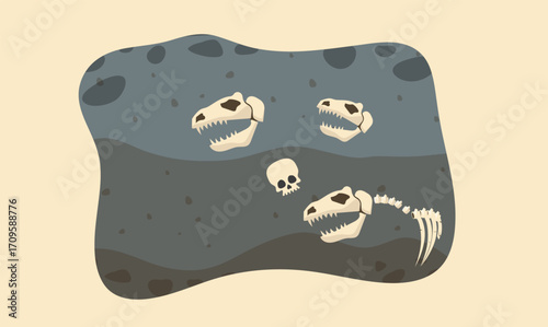 illustration of dinosaur fossils embedded in a rock, symbolizing paleontology, ancient history, and prehistoric life in a clean and educational