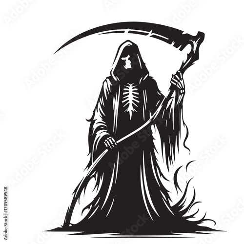 Black Grim Reaper Silhouette Vector Illustration design, Solid White Background