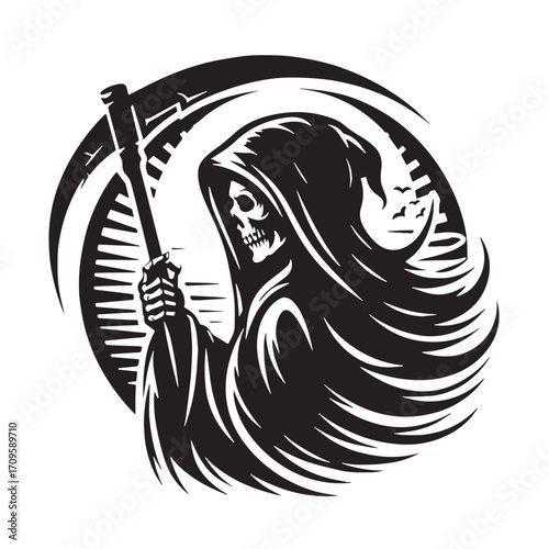 Black Grim Reaper Silhouette Vector Illustration design, Solid White Background