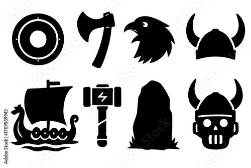 Viking Mythology Icon Set Black Silhouettes