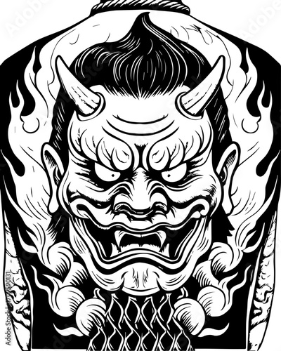 SVG tattoo design inspired by traditional Japanese Irezumi (Wabori) style. Traditional Japanese Oni Mask Tattoo Design on Back Skin