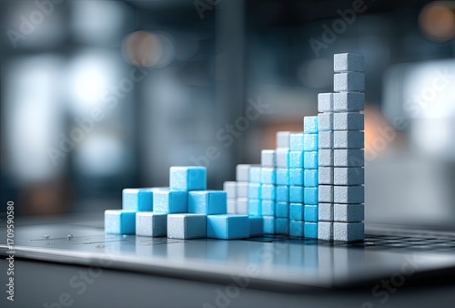Light-blue blocks form a rising graph on a laptop