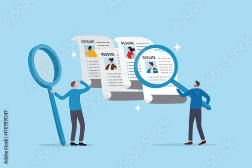 Review job candidate, applicant for vacancy or hiring qualification, talent review or analyze resume, recruitment or selection, business people HR review candidate resume with magnifying glass.