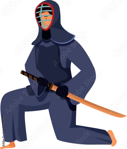 Kendo fighter wearing protective gear and holding wooden sword practicing martial art