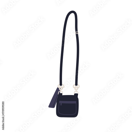 Shoulder bag with long strap. Leather purse in modern trendy fashion design style. Small miniature accessory, clutch, elegant little satchel. Flat vector illustration isolated on white background