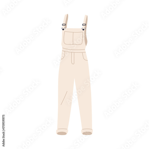 Overalls, jumpsuit clothing. Modern trendy style apparel, garment. Fashion casual dungarees with front pocket and straps, pants. Stylish wear. Flat vector illustration isolated on white background