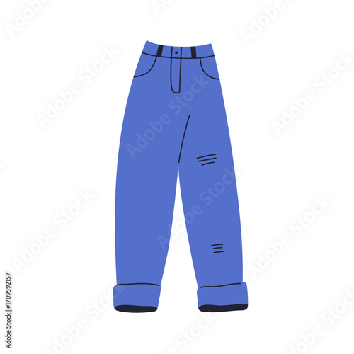 Trousers, denim pants with cuffed rolled hems. Modern fashion style apparel, clothing. Comfortable unisex garment, jeans, trendy wear. Flat vector illustration isolated on white background