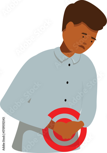Man experiencing stomach ache, highlighted by red target symbol, indicating discomfort and potential health issue