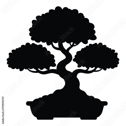 Silhouette of a traditional bonsai tree in a pot artistic design element silhouette