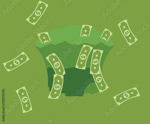 Flat design illustration of money bank notes falling from the top, symbolizing wealth, abundance, financial gain, and success in a bold and dynamic visual style.