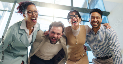 Obraz na płótnie Portrait, laughing and business people in team at office with happiness, confidence or about us pride