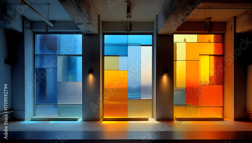 Abstract glass window filters twilight city view.