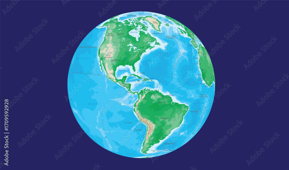 Obraz premium Detailed globe view showing the Americas against a deep blue background. The Earth is depicted with green continents, blue oceans, and visible topographical features.