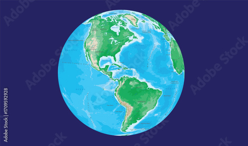 Detailed globe view showing the Americas against a deep blue background. The Earth is depicted with green continents, blue oceans, and visible topographical features.