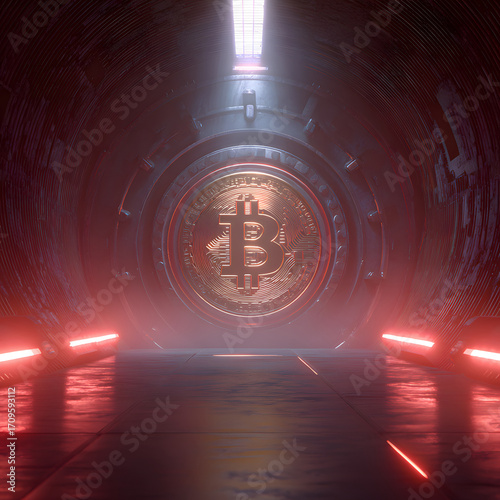 Bitcoin emblem glows within a futuristic vault.