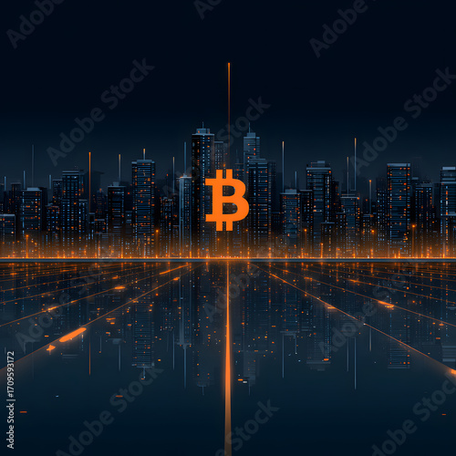Bitcoin symbol over dark futuristic city skyline