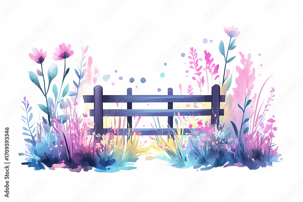 Fototapeta premium Pastel-colored wildflowers bloom around a rustic fence.