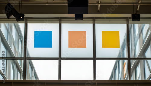 Colored panels adorn a modern architectural window