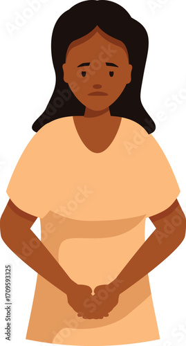 Sad black female patient is holding hands in front of body, experiencing shame and depression