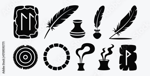 Collection of Mystical Black and White Rune, Feather, and Incense Icons:  Ancient Symbols, Spiritual Design Elements.